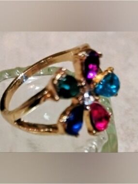 Gold Flower Multistone Ring in Blue, Teal, Purple ,Pink and White Crystals